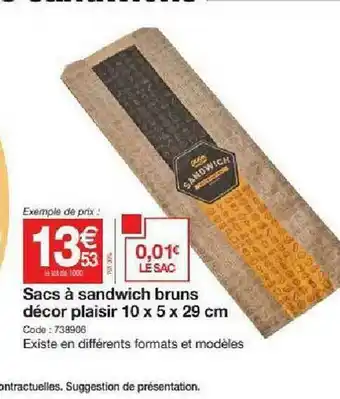 Promocash Sacs à Sandwich Bruns Déco Plaisir 10 X 5 X 29 Cm offre