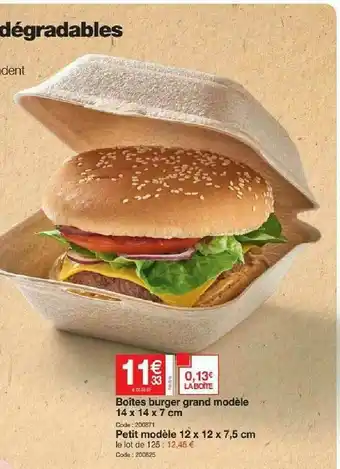 Promocash Boîtes Burger Grand Modèle 14 X 14 X 7 Cm offre