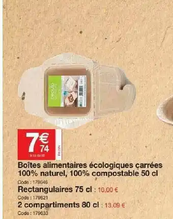 Promocash Boîtes Alimentaires écologiques Carrées 100% Naturel, 100% Compostable 50 Cl offre
