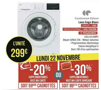 Casino Supermarchés Continental edison lave-linge blanc offre