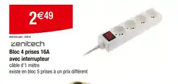 Carrefour zenitech Bloc 4 prises 16A avec interrupteur offre