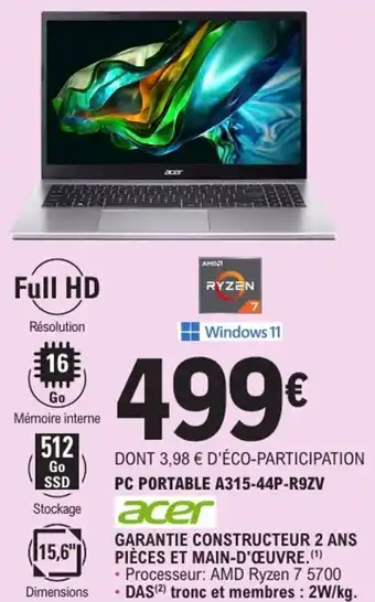 E.Leclerc ACER pc portable a315-44p-r9zv offre