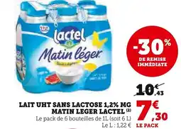 Super U LACTEL Lait uht sans lactose 1,2% mg matin leger offre