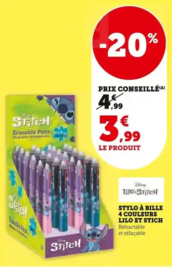 Super U STICH Stylo à bille 4 couleurs lilo offre