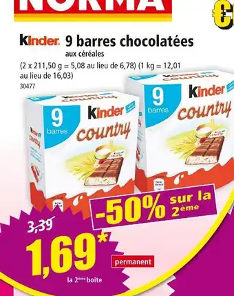 Norma KINDER COUNTRY 9 barres chocolatées offre