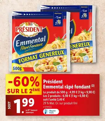 Lidl Président Emmental râpé fondant offre