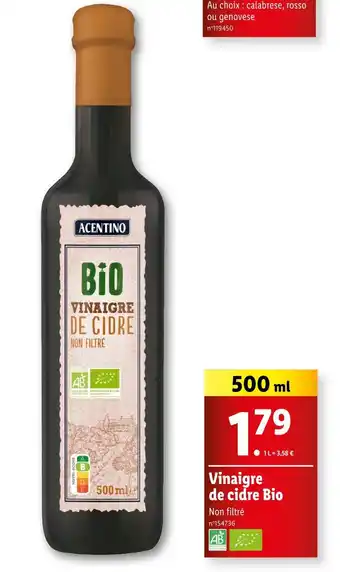 Lidl ACENTINO Vinaigre de cidre bio offre