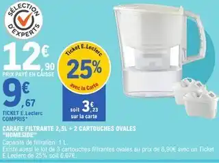 E.Leclerc HOMESIDE Carafe filtrante 2,5L + 2 cartouches ovales offre