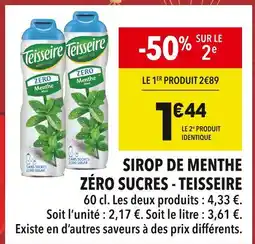 Supeco TEISSEIRE Sirop de menthe zéro sucres offre