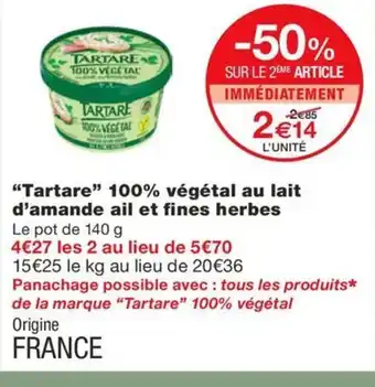 Monoprix TARTARE 100% végétal au lait d'amande ail et fines herbes offre