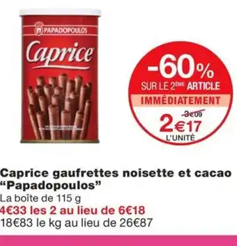 Monoprix Caprice gaufrettes noisette et cacao offre