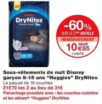 Monoprix HUGGIES Sous-vêtements de nuit Disney garçon 8-15 ans DryNites offre