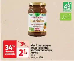 Auchan Supermarché ASIAGO Pâte à tartiner bio cacao noisettes nocciolata rigoni di offre