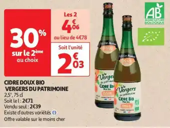 Auchan Supermarché Cidre doux bio vergers du patrimoine 2,5° offre