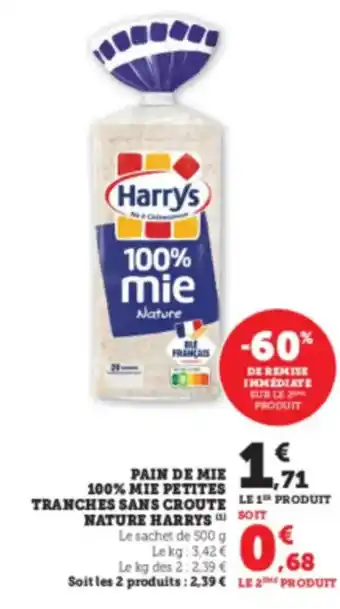 Hyper U HARRYS  Pain de mie 100% mie petites tranches sans croute nature offre