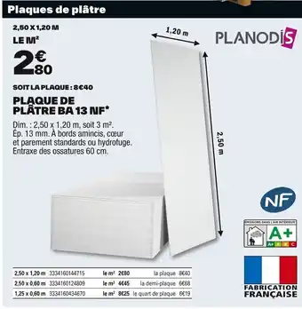 Brico Dépôt PLANODIS Plaque de plâtre ba 13 nf* offre