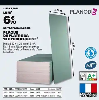 Brico Dépôt PLANODIS Plaque de plâtre ba 13 hydrofuge nf* offre