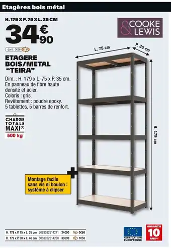 Brico Dépôt COOKE LEWIS Etagere bois/metal "teira" offre