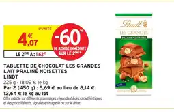 Intermarché Hyper LINDT Tablette de chocolat les grandes lait praliné noisettes offre