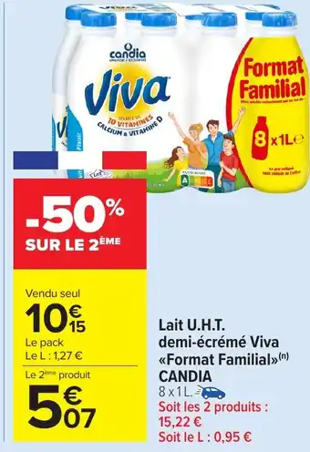 Carrefour Market CANDIA Lait U.H.T. demi-écrémé Viva Format Familial offre