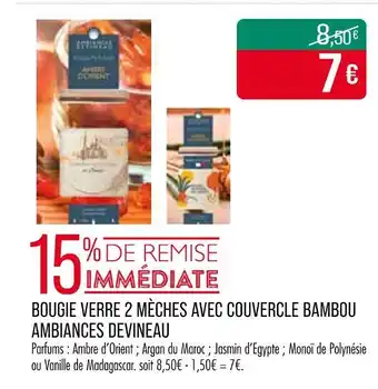 Match AMBIANCES DEVINEAU Bougie verre 2 mèches avec couvercle bambou offre