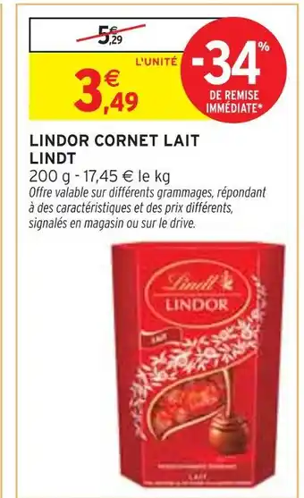 Intermarché LINDT Lindor Cornet Lait offre