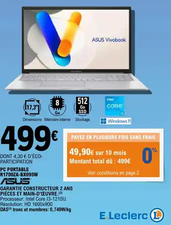 E.Leclerc ASUS Vivobook PC PORTABLE R1700ZA-BX095W offre