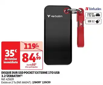 Auchan Verbatim disque dur SSD pocket externe 1to USB 3.2 verbatim offre