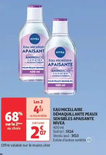 Auchan Parapharmacie NIVEA Eau micellaire démaquillante peaux sensibles apaisante offre