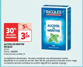 Auchan Parapharmacie RICOLES Alcool de menthe offre