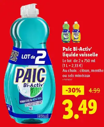 Lidl PAIC BI-ACTIV liquide vaisselle offre