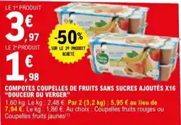 E.Leclerc "DOUCEUR DU VERGER" Compotes coupelles de fruits sans sucres ajoutés x16 offre