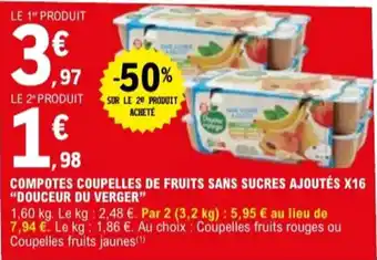 E.Leclerc "DOUCEUR DU VERGER" Compotes coupelles de fruits sans sucres ajoutés x16 offre