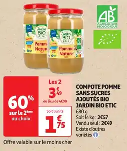 Auchan Jardin bio etic compote pomme sans sucres ajoutés bio offre