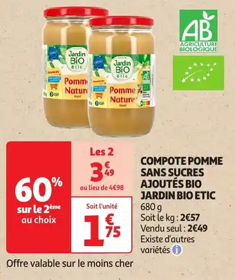 Auchan Jardin bio etic compote pomme sans sucres ajoutés bio offre