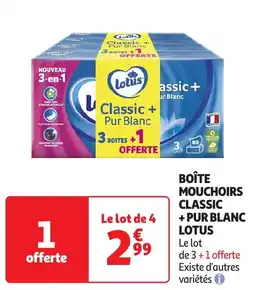 Auchan Lotus boîte mouchoirs classic +pur blanc offre