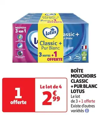 Auchan Lotus boîte mouchoirs classic +pur blanc offre