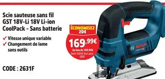 Screwfix BOSCH Scie sauteuse sans fil GST 18V-Li 18V Li-ion CoolPack - Sans batterie offre