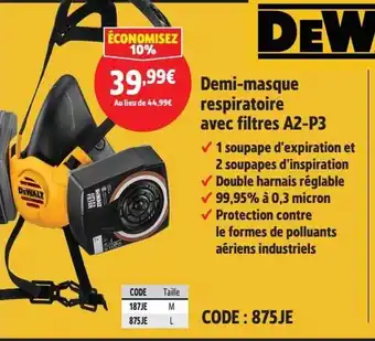 Screwfix DEWALT Demi-masque respiratoire avec filtres A2-P3 offre