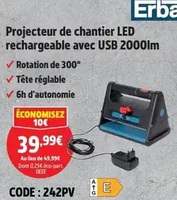 Screwfix ERBAUER Projecteur de chantier LED rechargeable avec USB 2000lm offre