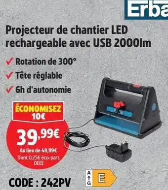 Screwfix ERBAUER Projecteur de chantier LED rechargeable avec USB 2000lm offre