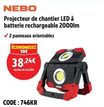 Screwfix NEBO Projecteur de chantier LED à batterie rechargeable 2000lm offre