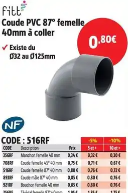 Screwfix FITT Coude PVC 87° femelle 40mm à coller offre