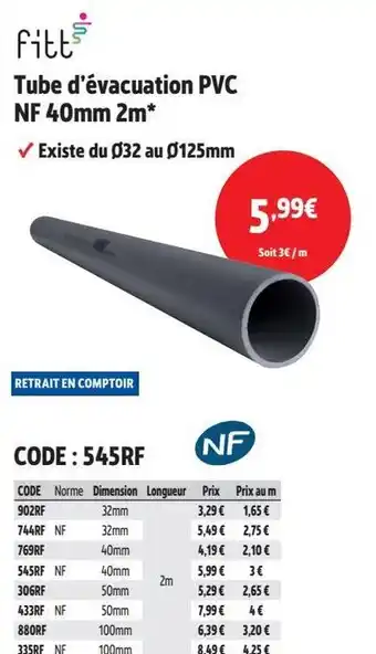 Screwfix FITT Tube d'évacuation PVC NF 40mm 2m* offre