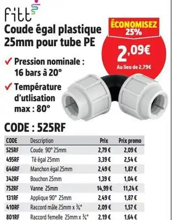 Screwfix FITT Coude égal plastique 25mm pour tube PE offre