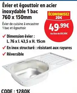 Screwfix Évier et égouttoir en acier inoxydable 1 bac offre