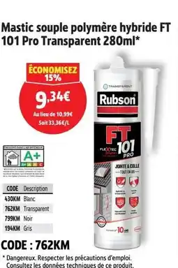 Screwfix RUBSON Mastic souple polymère hybride FT Mastic silicone sanitaire 300ml* 101 Pro Transparent offre