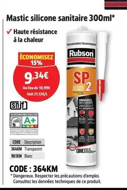 Screwfix RUBSON Mastic souple polymère hybride FT Mastic silicone sanitaire offre