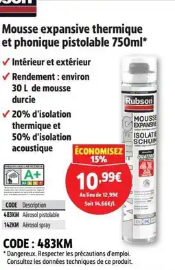 Screwfix RUBSON Mousse expansive thermique et phonique pistolable offre