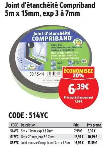 Screwfix Joint d'étanchéité Compriband 5m x 15mm, exp 3 à 7mm offre